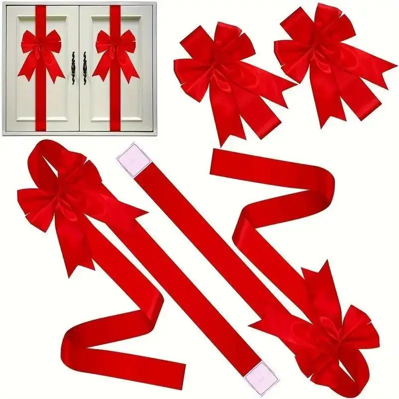 Christmas Mini Wreath For Cabinet Door, Lime Red Fringe With Large Bow 79×2.4in Polyester Festive Home Decor, Battery-Free Holiday Xmas Ornament