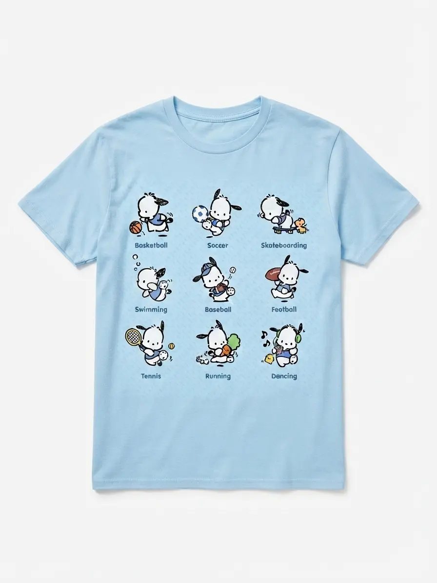 Kawaii Sports Pochacco Graphic Tee Cute Athletic Puppy Pastel Y2K T-Shirt, Casual Sports Tops, Cotton T-Shirt