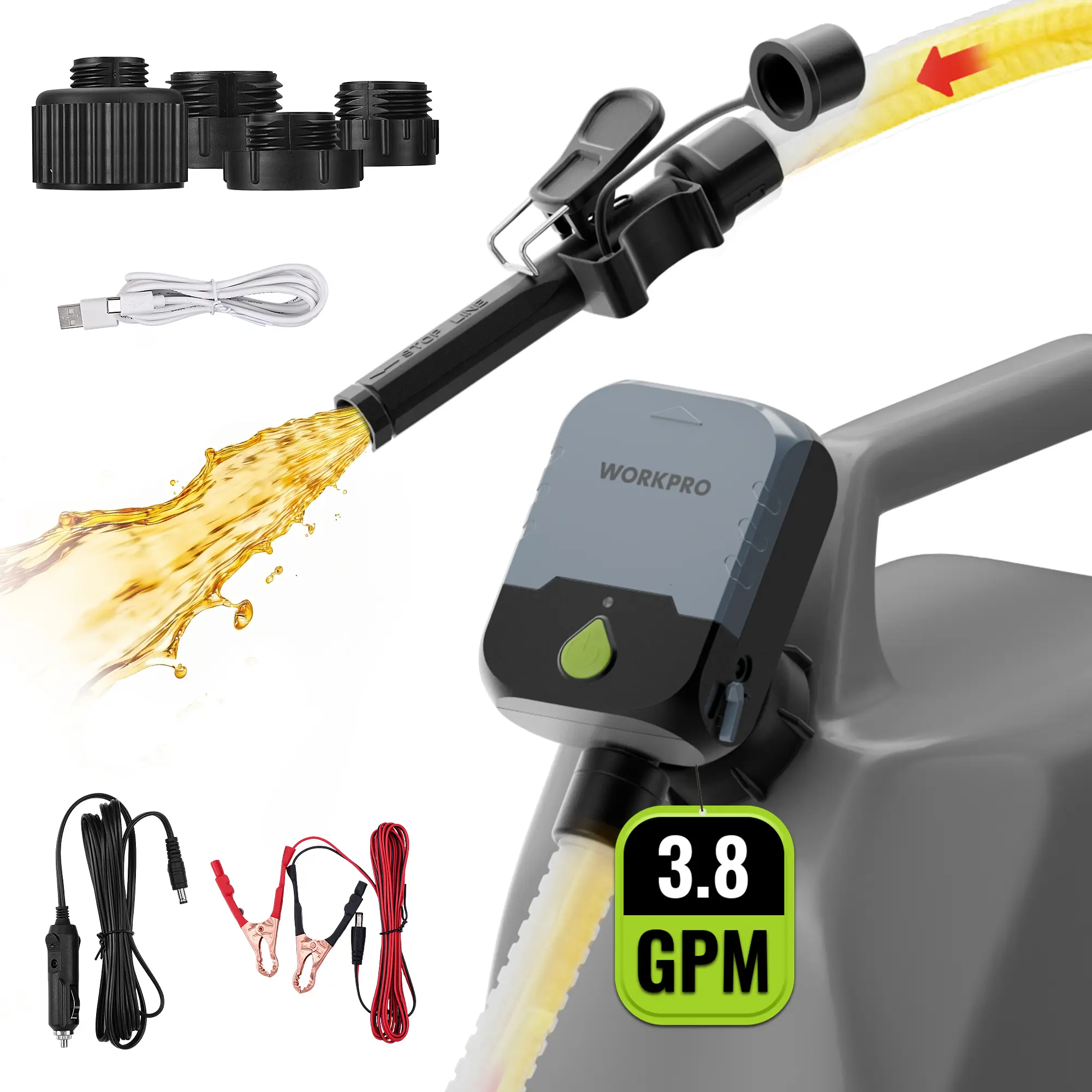#summersale WORKPRO Electric Fuel Transfer Pump with Auto-Stop, 3.8 GPM Gas Can Pump with 4 Power Options & 4 Size Adapters, 51" Extra Long Hose, One-Button Control, Leak Protection for Oil, Diesel and Gasoline