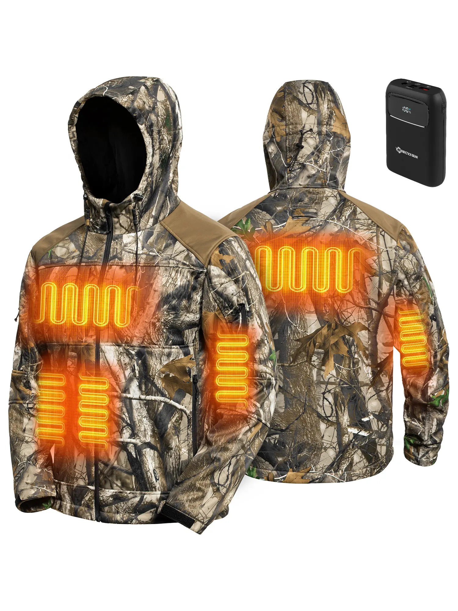 ANTARCTICA GEAR Heated Hunting Jacket for Men with 12V Battery Pack, Waterproof Polyester Long Sleeve Hoodie with USB Port & Pockets, Tops, Menswear, Coats, Shell, Outdoor, 3Xl, Plants, Longsleeves, 12V 15000Mah Battery, 3 Heating Modes