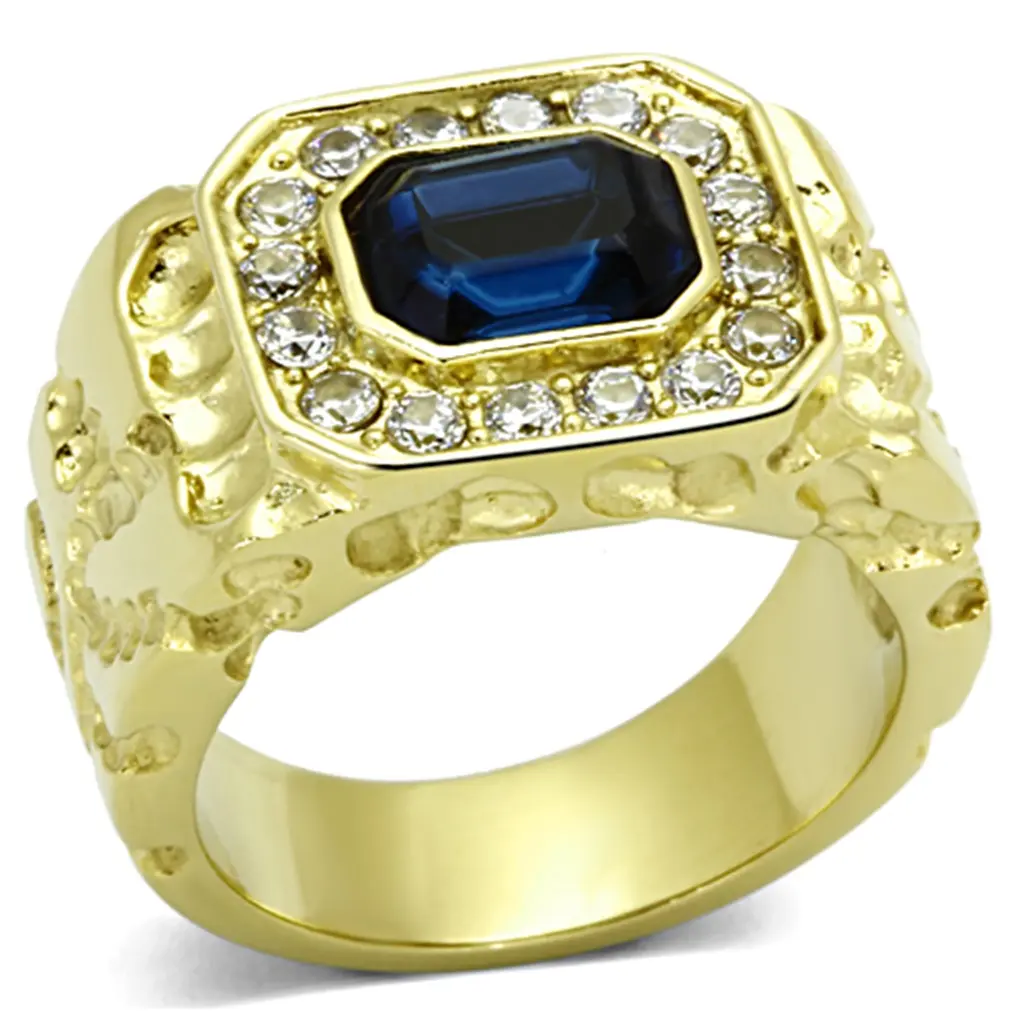 Lanyjewelry Men's Elegant Casual Unique Ring - 14-Karat Gold Ion-Plated 316 Stainless Steel, 8x6mm Emerald-Cut Simulated Sapphire CZ, Hypoallergenic, Rust-Resistant, Elegant Casual Ring, Unique Rings