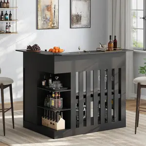 L Shape Bar Tables with Led Light,Home Bar Unit with Stemware Racks & Movable Bottle Racks, 4-Tier Black Drink Bar Stand with Grille, Corner Wine Bar Cabinet Basement Bars