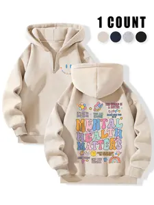 Women's Letter Print Half Zip Up Drop Shoulder Hoodie, Fashion Casual Hooded Sweatshirt for Daily Holiday Outdoor Wear, Women Clothing for Fall & Winter, Casual Pullover Hoodie