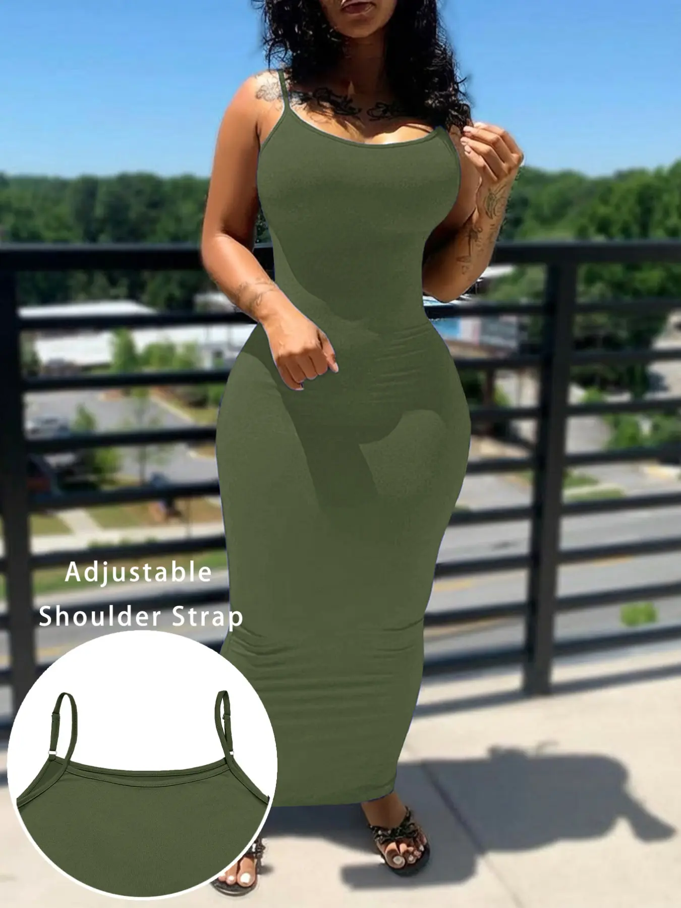 Summer Sleeveless Long Dress Women Plain Solid Fit Bodycon Skirt Adjustable Shoulder Straps Outerwear, Casual Chic Fitted, Casual Fashion Clothing Spaghetti Strap, Minimalist, Womenswear