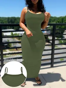 Summer Sleeveless Long Dress Women Plain Solid Fit Bodycon Skirt Adjustable Shoulder Straps Outerwear, Casual Fashion Clothing Spaghetti Strap