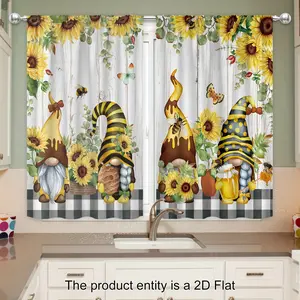 2pcs Sunflower Gnome Pattern Rod Pocket Ruffle Boho Curtain Tiers with Liner, Home Decoration Curtain, Home Textile for Kitchen & Living Room, Interior Decoration Accessories