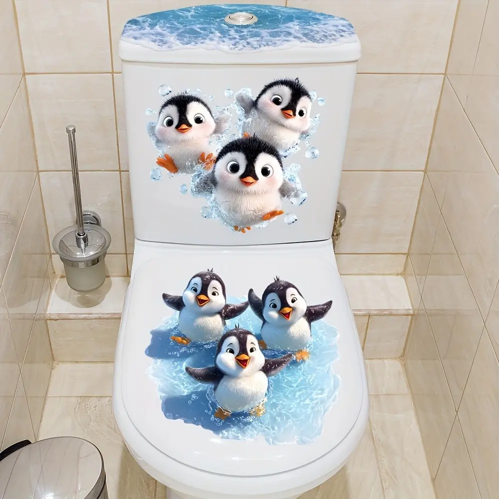 Water Play Penguin Stickers Set, Self-Adhesive Removable Design, Perfect for Living Room Bedroom Backgrounds, Bathroom Toilet Decor