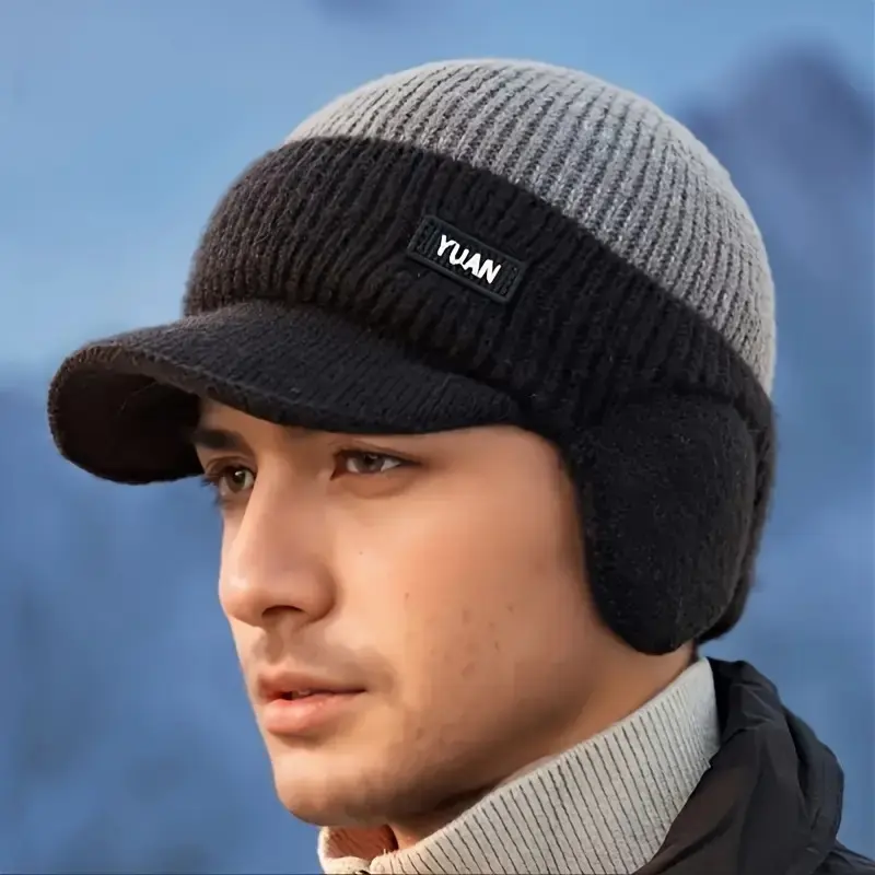 Male Adjustable 100% Acrylic Winter Warm Thermal Knit Beanie - Slightly Elastic, One Size, Ear Flaps, Sun Visor, Street Style, Reflective Sports & Outdoor Leisure Headwear for Skiing, Travel, Adjustable Hat