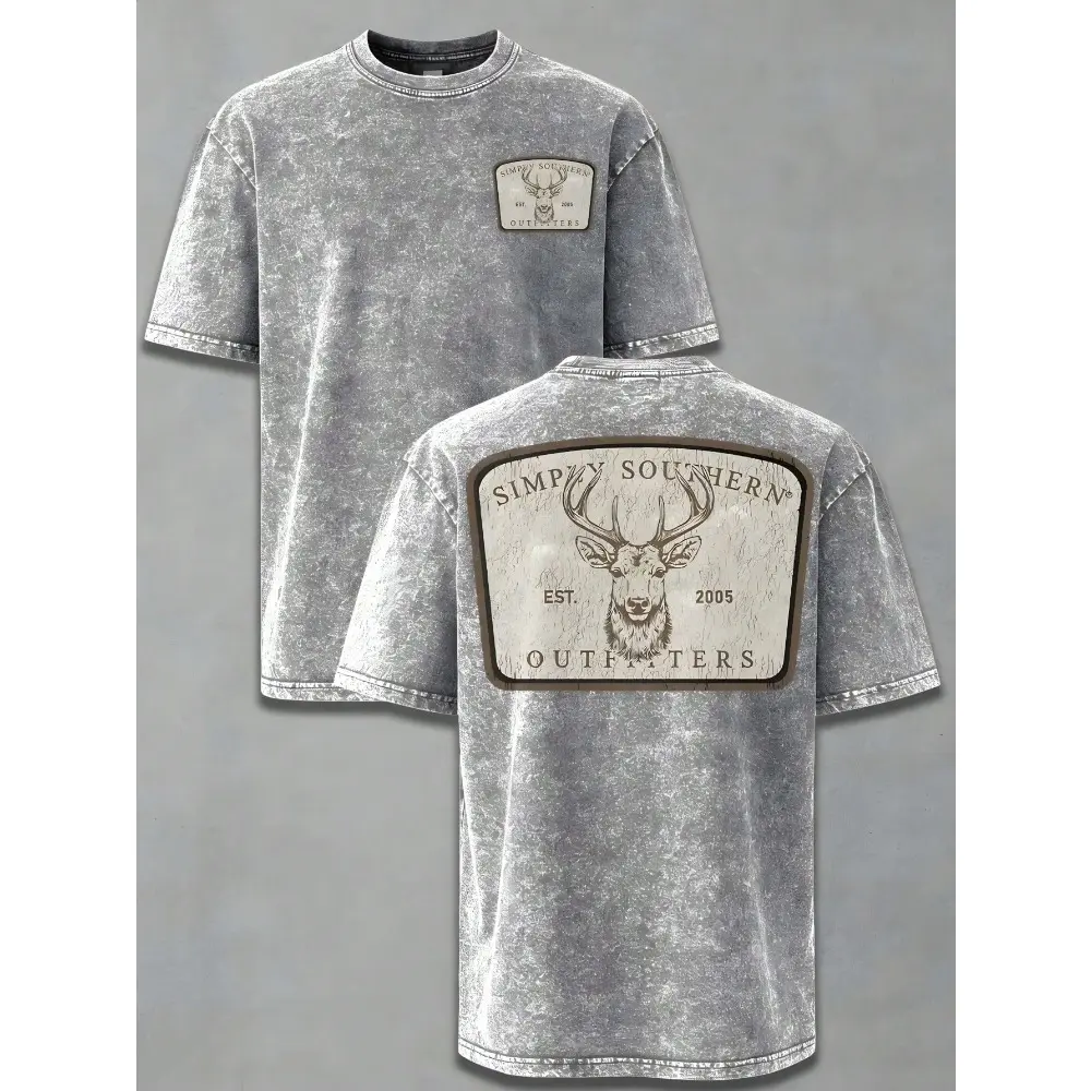 Men's Buck Deer Graphic T-Shirt - Vintage Washed Oversized Cotton Stylish Fashion Tee, Round Neck Short-Sleeve Sports & Outdoor Hunting Top, Pairs with Jeans/Pants, Graphic Tees with Prints