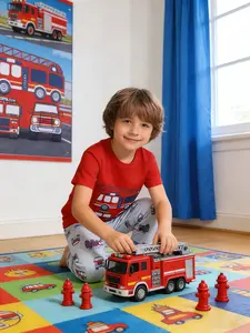 Boys' Dinosaur Construction Truck Print Sleepwear Set, Fitted Short Sleeve Top & Long Pants, Casual Home Wear, 2 Piece Set, Cartoon Print Pajama, Pajama Lounge Sets