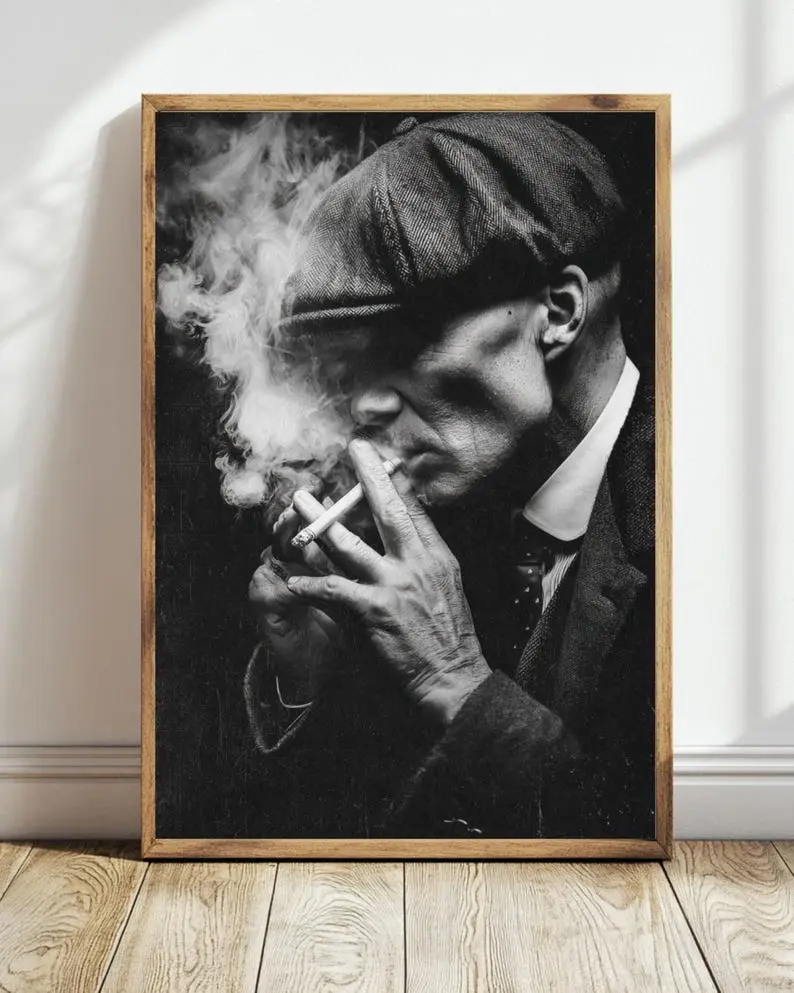 Black & White Peaky Blinders Style Poster, 1920s Gangster Cigar Wall Art Print, Vintage Decor for Man Cave, Office and Lounge