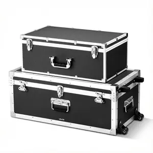 VEVOR Metal Storage Trunk, Summervibes,Summervibes, Set of 2, Wooden Suitcase Storage Boxes with Padlocks, Large Trunk Includes Casters and 3 Metal Handles, Decorative Store Chest with Lids for Travel, Apartment, Dorm, Black