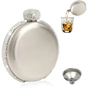 Hip Liquor Flask for Women  Leakproof Wine Flasks 304 Stainless Steel Rhinestone Portable with Funnel Girls Bling Gift(Silver/5oz)