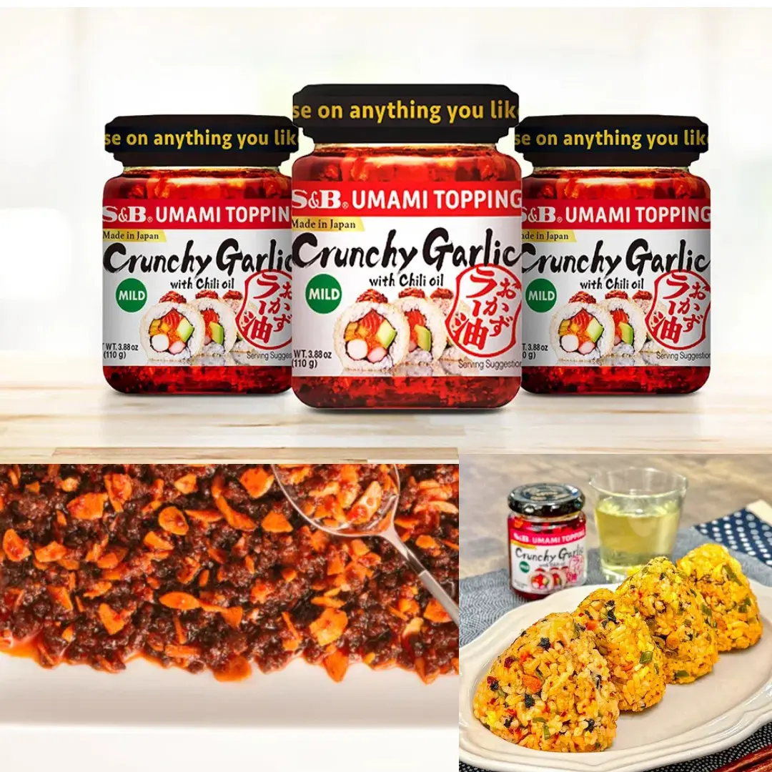 3 Packs S&B Crunchy Garlic with Chili Oil - Mild, 3.88oz/Pack Use As A Versatile Topping For Chicken, Sushi, Pasta, Salad, Noodles, Tofu