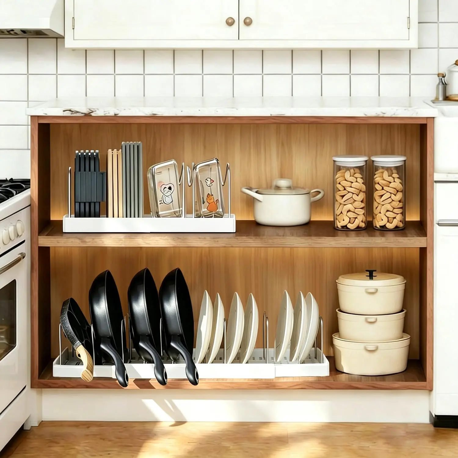 White Expandable Under Cabinet Pot Organizer with 9 Steel Dividers - Kitchen Cookware & Food Container Lid Storage Rack, Countertop-Friendly, Portable Snack Tray