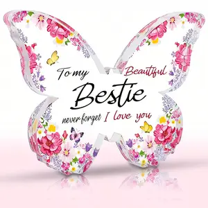 For My Bestie - Butterfly-Shaped Red Flower Crystal Acrylic Gift Birthday Gift, New Year Gift, Commemorative Gift, Girl Room Accessories Perfect for Pink-Themed Girls' Room Decor, Apartment Decor, Desktop Decor, Shelf Decor