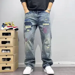 Men’s vintage ripped jeans, streetwear patchwork embroidered denim pants, slim straight fit distressed jeans for urban fashion