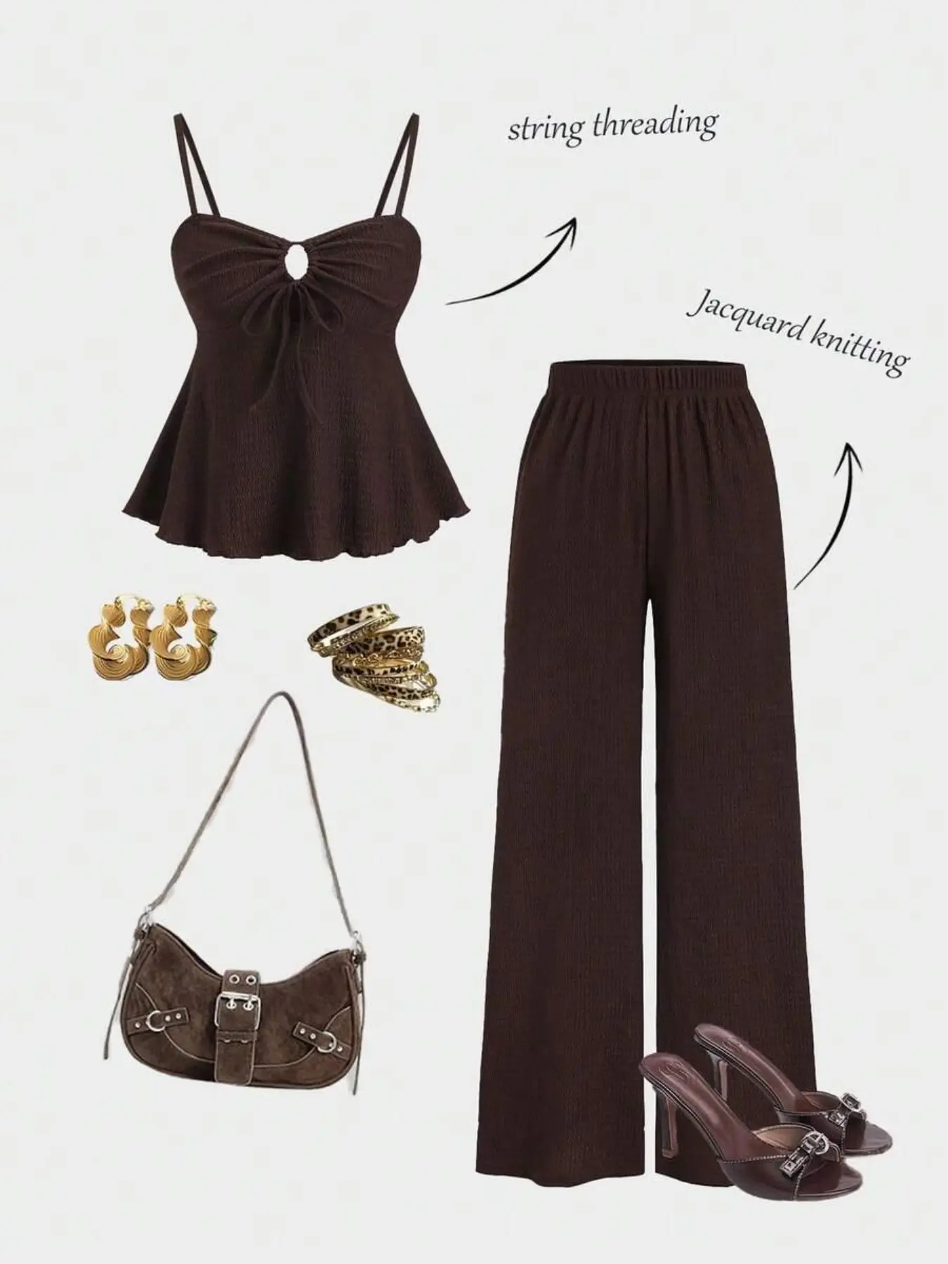 Tie-Back Vest Top & Comfortable Wide-Leg Straight Pants 2-Piece Preppy Matching Set, Palazzo Set, Chocolate Top, Fashionable Spring Summer for Women