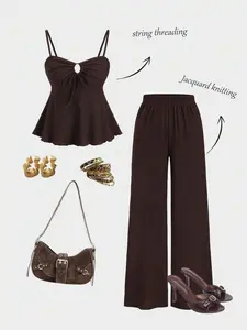 Tie-Back Vest Top & Comfortable Wide-Leg Straight Pants 2-Piece Preppy Matching Set, Chocolate Top, Fashionable Spring Summer for Women