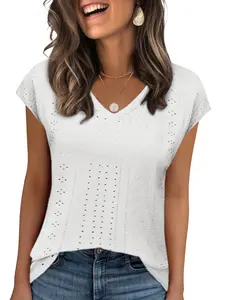 Women's Tank Top V Neck Eyelet T Shirts Cap Sleeve Tops Loose Fit Blouses Dressy Casual Summer Basic Shirts