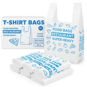 TP White Plastic T-Shirt Bags 250 Count, 12x7x22”, 43 Micron Super Heavy-Duty Restaurant & Takeout Carry Bags, Food Service Ready