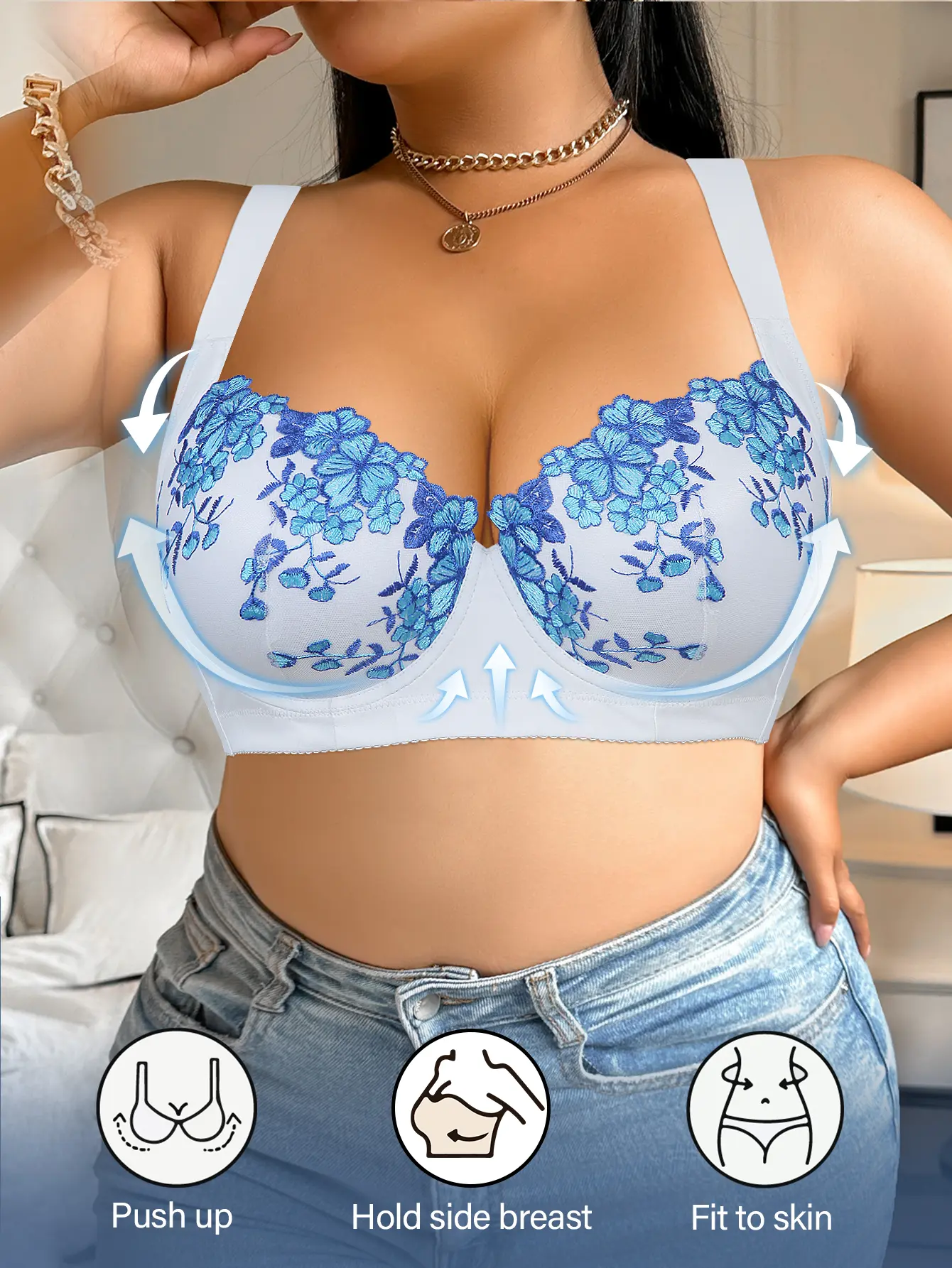 Women's Plus Size Elegant Floral Embroidery Push-Up Underwire Minimizer Bra - Soft, Anti-Sag, Adjustable Wide Straps, Side Lift Support, Shaping Hide Bulge, Breathable Comfort, Stylish for Summer Dresses, Beach Vacation Outfits