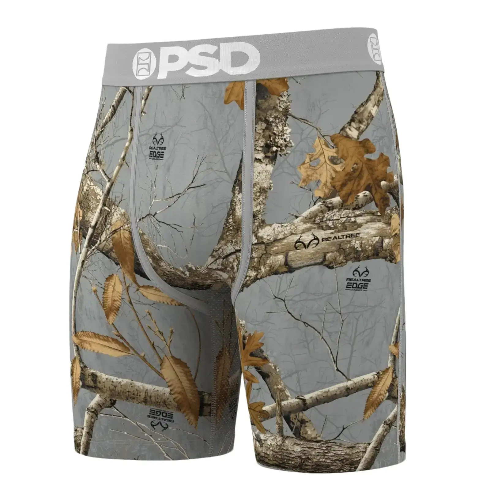 PSD Mens Realtree Edge Gray Boxer Brief - Standard Length 7 Inch Inseam, Soft and Breathable Poly Blend Fabric