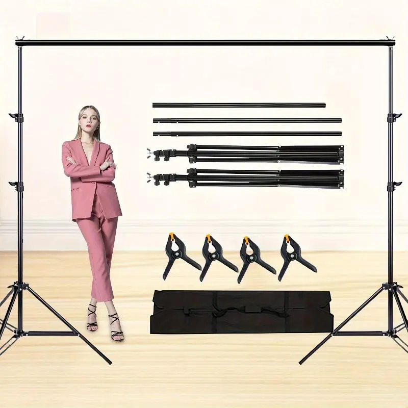 Background stand, equipped with 3 horizontal bars and 4 clips, an adjustable photography background stand set, suitable for photography, video studios, birthday parties, weddings and other occasions.