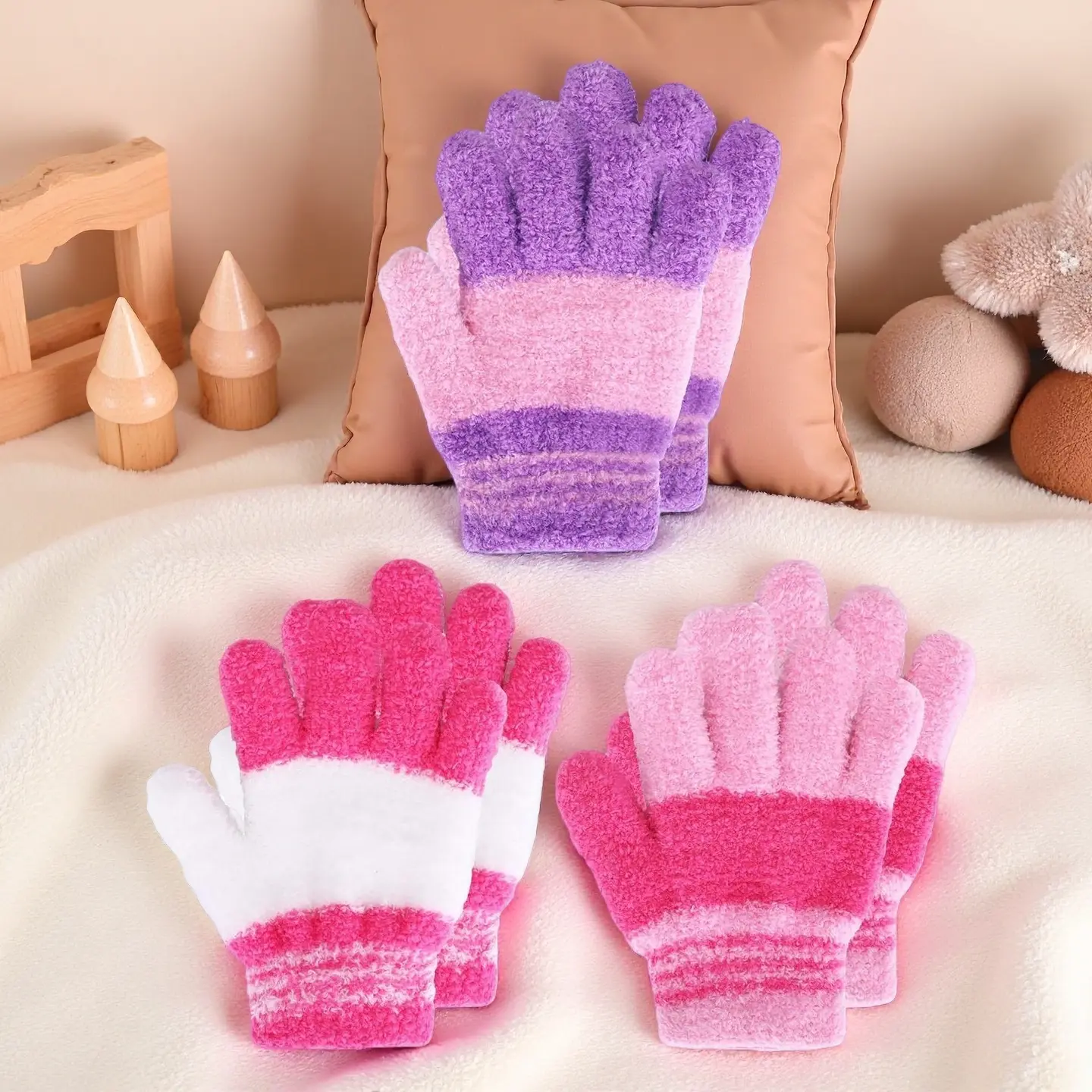L-X016  3 Pairs Kids Winter Knit Gloves - Stretchy Full Finger Fluffy Mittens for Toddler Boys & Girls 1-11 Years, Flexible Grip, Fluffy Look, Polyester Mix, 7-11 Years, Cotton-Polyester Blend, Easy Washing
