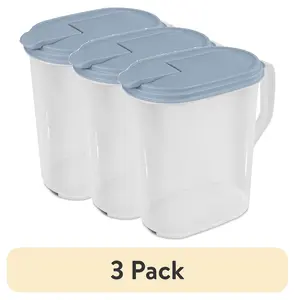 (3 pack) 1 Gallon Pitcher, Clear Plastic, Flip-top Spout, Light Blue