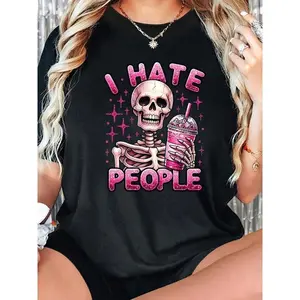 [Bold Statement T-Shirt] Women's Casual Crew Neck T-Shirt |       Bold Statement Shirt with "I HATE PEOPLE" Skeleton Graphic Print, Short Sleeve, Regular Length, Spring/Summer Top, Stretchy Fabric