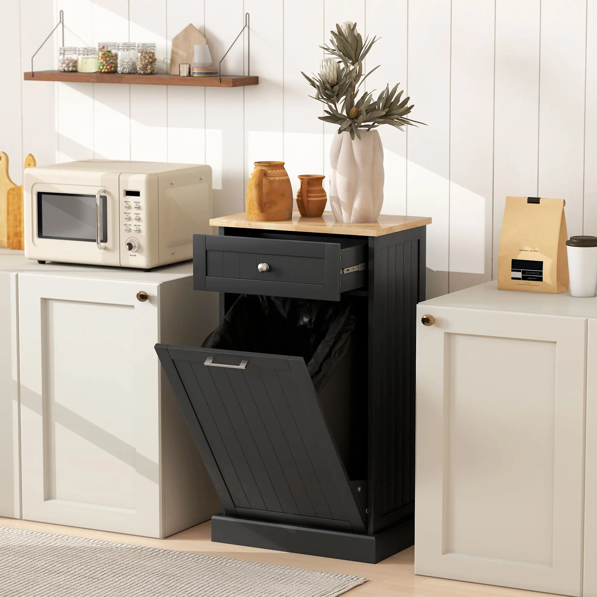 10 Gallon Tilt Out Trash Cabinet, Wooden Hidden Trash Can with Storage Drawer for Kitchen, Laundry Hamper Cabinet for Bathroom, Black