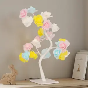 17.3 Inch Rose Tree Table Lamp, Colorful Flower Branch Lamp, USB Bedside Nightstand Light For Bedroom Living Room Dining Table Desk Decor, White Plastic Floral Accent Lamp