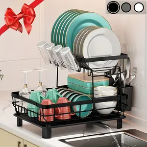 2 Tiers Dish Drying Rack, Space-Saving Dish Racks for Kitchen Counter, Dish Drainer Drying Rack with Drainboard, Utensil Holder Cups Holder Plate Rack and Automatic Drainage Drainboard, Black