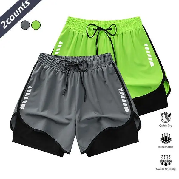 Men's 2-Pack Solid-Color Quick-Dry Athletic Sports Shorts - Moisture-Wicking, Minimalist, Breathable Tech Fabric, Above-Knee, Sporty Multifunctional 2-in-1 Comfortable Shorts Ideal for Outdoor Activities & Running, Sporty Men's Shorts