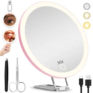 30X Magnifying Mirror with Lights, 6inch Makeup Magnified Mirror 30X Lighted Travel Magnification with 3 Suction Cups and 360 Adjustable Stand- Includes Tweezers &