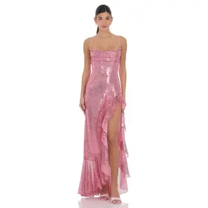 Sequin Ruffle Maxi Dress in Pink