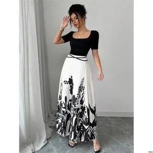 Gloray Women’s Elegant Fitted Qipao Dress with Tie Waist, Short Sleeves, Square Neck, Chinese‑Style Floral Print