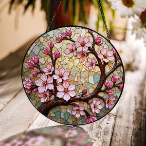 Pink cherry blossom branch stained glass suncatcher round floral art gift for mom or grandma