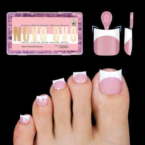 NOVO OVO Acrylic Press On Nail Sets - Adult White French Tip Berry Pink Sharp Square Thick Soft Gel Toe Nails, Moon Curve for Medium-Short Beds, 15 Sizes 240 Pcs, Easy DIY Home Manicure, Pool Safe, No Glue & Top Coat Included, Acrylic Press On Nails