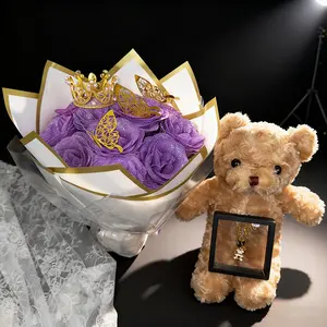 Sparkle Rose Bouquet, Bear Necklace Set, Valentine's Day, Wedding Anniversary, Engagement, Christmas, Birthday Present, Beautiful Gift Box