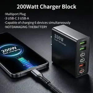 USB A USB C Fast Charger PD200W 6-Port with 3 USB-C & 3 USB-A Ports for iPhone Android Samsung Compact and easy to travel Compact Design Replaces Traditional Multi-Panel Charging Stations