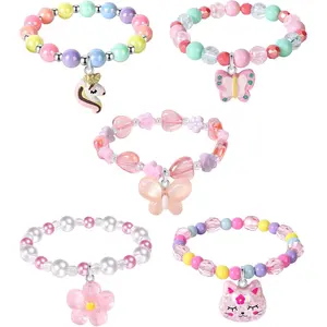F-HBL03  5 Pieces Colorful Girls Unicorn Bracelets Rainbow Beaded Bracelet for Birthday Party Favors Flower Friendship Bracelet Jewelry Little Girls Toddler Costume Butterfly Jewelry