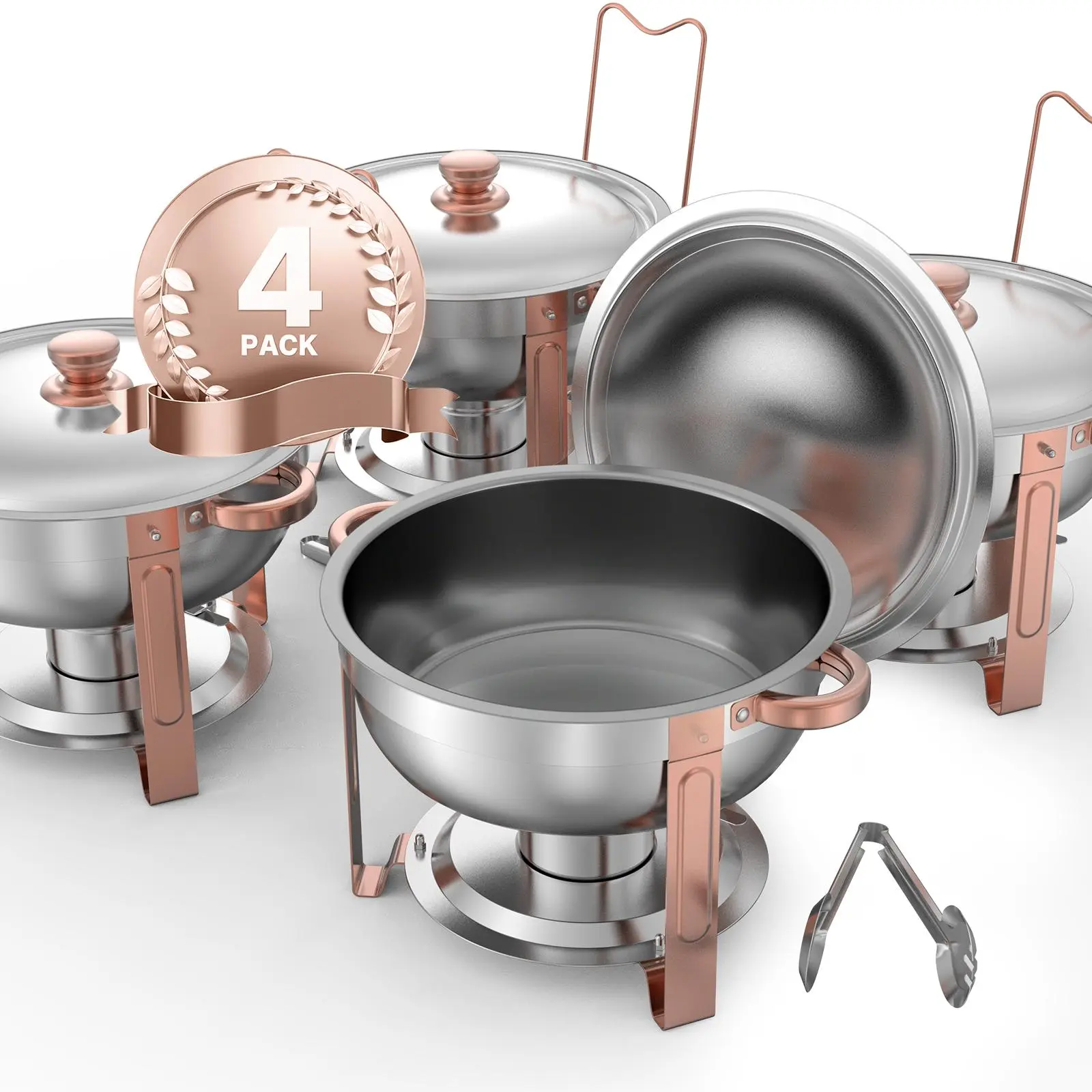 VEVOR 4-Pack 5 Qt Stainless Steel Round Chafing Dish Buffet Warmer Set, Sturdy, Compact, Stylish Rose Gold, with Full Size Pans, Collapsible Folding Casserole Dishes, Stand, Clip, Lid & Water Pan for Weddings, Parties