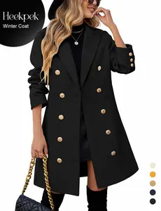 HEEKPEK Women's Black Double Breasted Midi Trench Peacoat with Notched Lapel Elegant Long Jacket for Work & Casual Wear Outerwear Tops Chic Womenswear