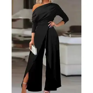 Women's Plain Ruched Wrap Split Hem Jumpsuit, Modern Style Elegant Wide Leg Jumpsuit for Dating Daily Wear, Jumpsuit for Women, Ladies Clothes for All Seasons, One Piece, Womenswear