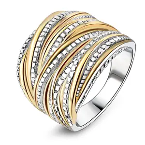 Mytys Intertwined Crossover Statement Ring Chunky Cute Band Two-Tone Design Anti-Allergic Jewelry For Women Girls Gift Sizes #6-#12