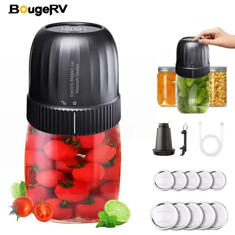 BougeRV Vacuum Sealing Machine, Kitchen Household Appliance with 75kPa Strong Suction, Compact Design, Auto-Stop, ABS, 7 Free Accessories, Charging Cable, 1 Vacuum Nozzle, 17 Wide Mouth Mason Jar Lids for Food Storage Canning