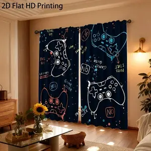 2 pieces of high-definition digital game controller printed curtains, made of polyester with semi-transparent texture, machine washable, suitable for bedrooms, living rooms and home decoration as curtains