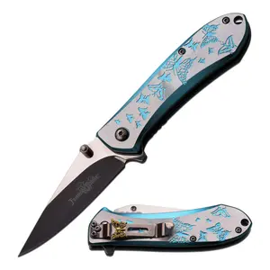 Femme Fatale Pocket Knife Black/Satin Finish 3-inch 3MM Stainless Steel Blade, Blue/Silver Handle with Butterflies, Pocket Clip, Self Defense – FF-A010LB